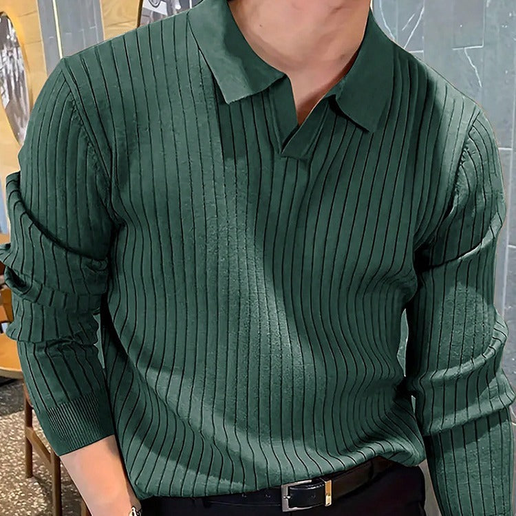 Lapel Texture Stretch Slim Knit Polo Shirt Men Polo Shirt Fashion Waffle Long-sleeved Tops Clothing Casual Comfortable Golf Men&